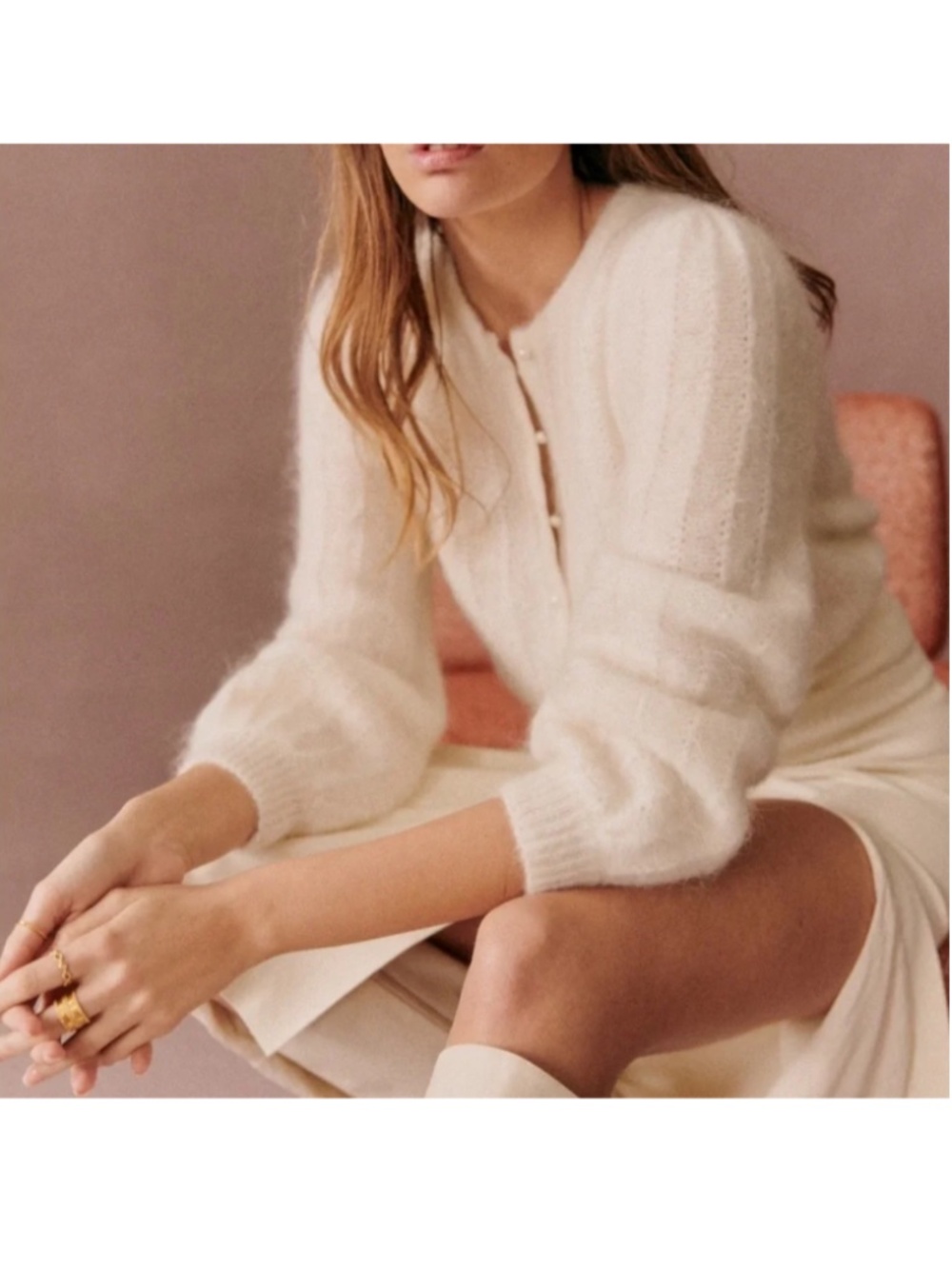 Sezane Ecru Amance Knit Pearl Button Cardigan Medium - Picture 2 of 11
